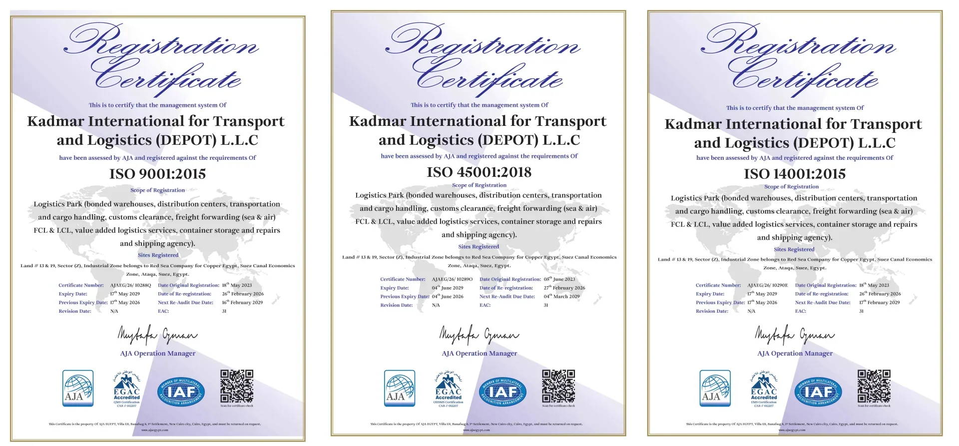 Depot Egypt ISO 9001, ISO 14001 and ISO 45001 certificates